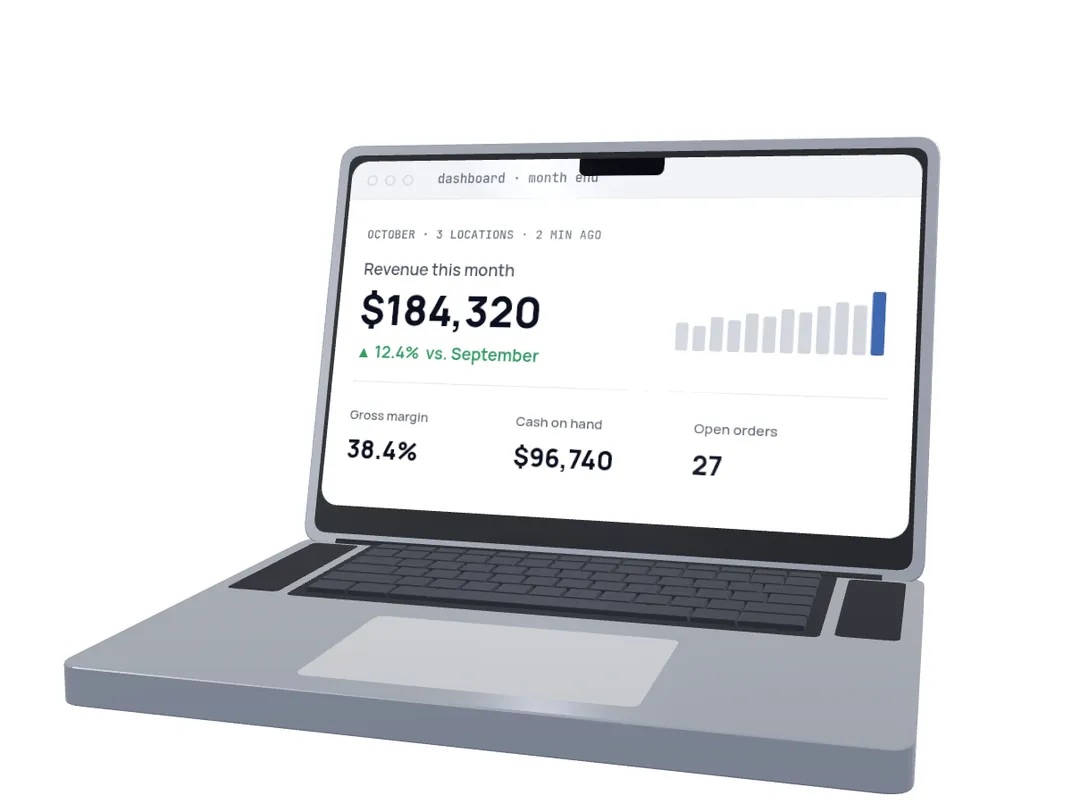 A MacBook showing a month-end dashboard: revenue, margin, cash on hand and open orders.
